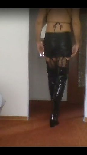 Cute Boy Crossdresser Trav In Leather Clothes Shows Ass   Clip 1