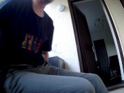 Kudoslong sat on the balcony undressing wanks till he ejaculates spurting cum on body and face