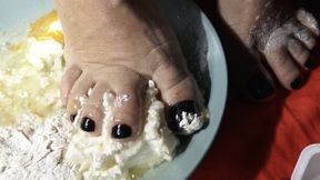 thick bbw feet preparing cake with feet smashing all mix soles full of food mass smashing the mass for cook some muffins