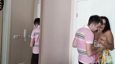 Double cumshot of the neighbor's wife while her husband jerks off at home!