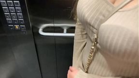 Public elevator party ends with platinum babe's big tit blowjob