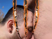 Punk stud sucking his straight roomate cock publicly in the trails like a hog.