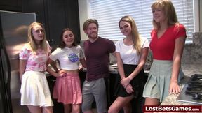 Poolside strip game leads to guy receiving fucked by 4 hot babes