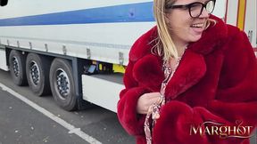 MILF shows tits to truckers and gets fucked in their truck