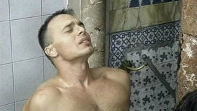 Three Young Hung Muscle Studs Fuck Anal in the Shower and Shoot Massive Loads in a Trio