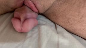 Rubbing my trans man's penis hard against my favorite dildo
