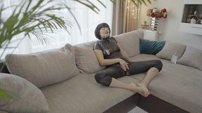horny milf in tight black latex suit masturbates & fucks her oiled feet solo