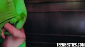 Costumed besties get facialized after a wild four way fuck