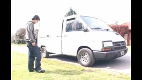 Threesome on moving van