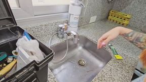 Sexy plumber unclogs the cum from her customers cock Coraljade