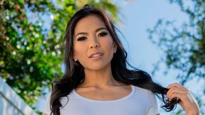 Cute brunette Asian is sucking a pretty big dick with pleasure