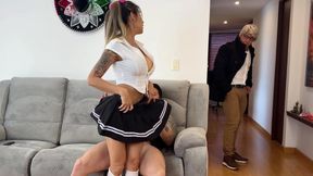 Taboo! Hot Latina in a Miniskirt Lets Her Stepbrother and Stepfather Fuck Her One After the Other!