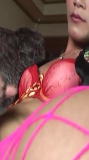 Young Trans in Pink Stockings Strokes Her Hard Cock