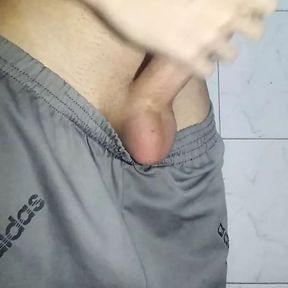 Soft dick getting hard, skinny young man masturbates big thick dick