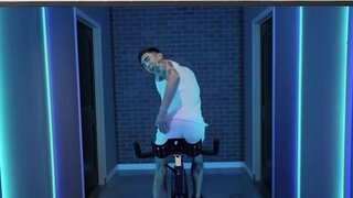 Muscular fellows with tattoos are riding bike and cocks