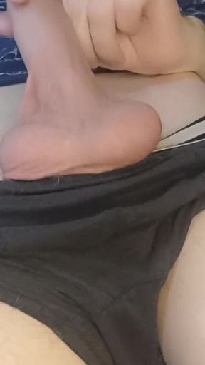 Guy Fingering His Big Dick in Gray Underpants