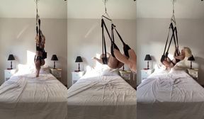 Trying out my sex swing with the blonde trans girl