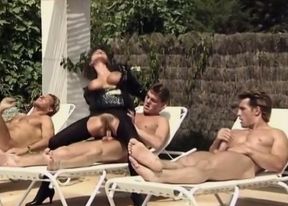 Stunning busty sassy babe rides each dick by the pool