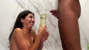 pee in the glass and in mouth. she drank every last drop and peed herself