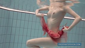 Katya Okuneva in red dress pool girl