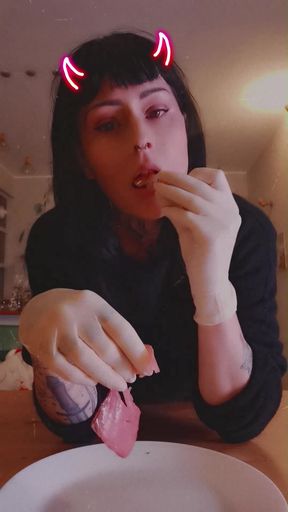 i'm hungry now eating salmon WHITE LATEX GLOVES GODDESSLOLLI