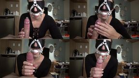 Ballgagged sub gives the perfect edging condom Handjob