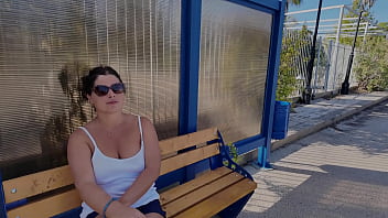Curvy busty stepmom takes young son's cock in her mouth at a public bus stop