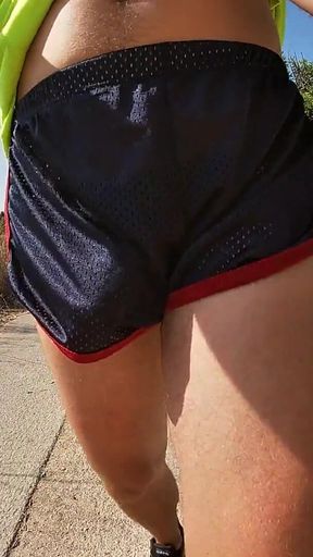 So Hot! Running with My Erect Cock Out Wearing Shiny See Thru Cock Sport Shorts