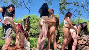 trans girl getting fucked in the woods pegging, blowjob and rimming