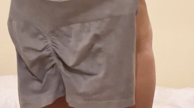 She tries on gym shorts then gets stuffed with anal