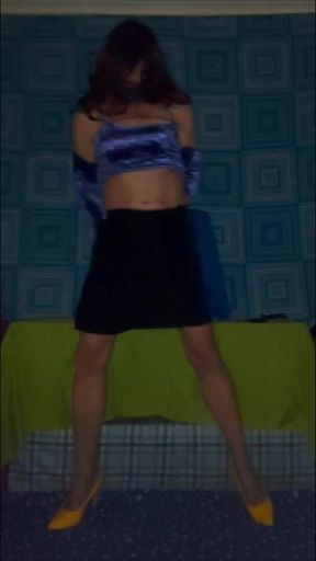Black skirt and velvet top tease and skirt removal