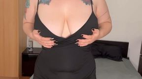 Squirting BBW MILF in a Little Black Dress Fucks Her Shaved Pussy With a Huge Dildo Until She's Gushing All Over the Floor