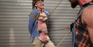 Sage Roux is blindfolded and tied by hung man Heath Halo