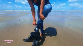 Jeans wetlook and hair whipping in the sea