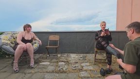 Delilah and LexyNoir - Double bull whipping in public on the roof - BTS