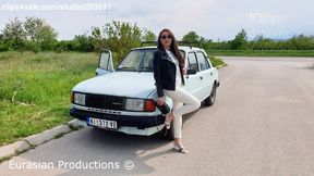 109 - Katya driving Skoda in open toe sandals