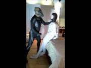 pantyhosed masked frogman humps and cums on football dummy