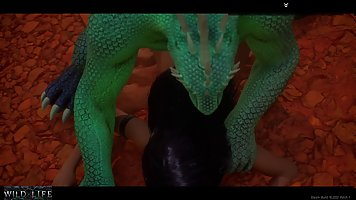 Ebony girl is fucked by a lizard with two cocks (Wild Life)