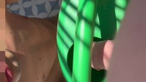 ginger guy peeing in a plastic watering can in front of his horny naked friend who seems eager to drink piss