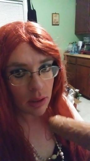 Redheaded Crossdresser Vanessa Rough Deepthroating Dildo