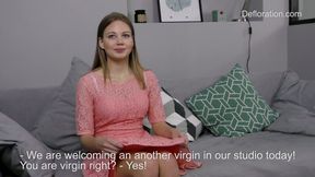Shy amateur Jennifer Lorentz shows her her virgin pussy on interview