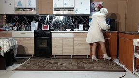 new fur coat - posing on kitchen