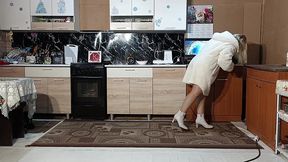 new fur coat - posing on kitchen