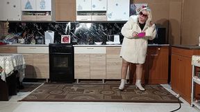 new fur coat - posing on kitchen