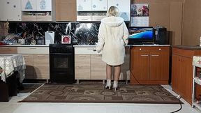 new fur coat - posing on kitchen