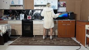 new fur coat - posing on kitchen