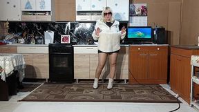 new fur coat - posing on kitchen