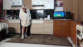 new fur coat - posing on kitchen