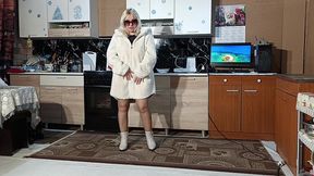 new fur coat - posing on kitchen