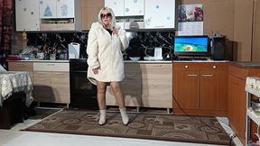 new fur coat - posing on kitchen